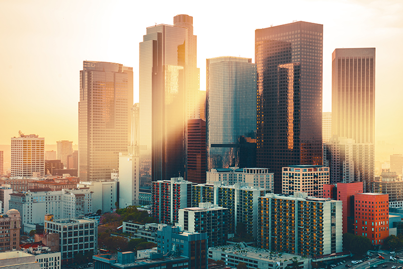 Los Angeles downtown skyline at sunset